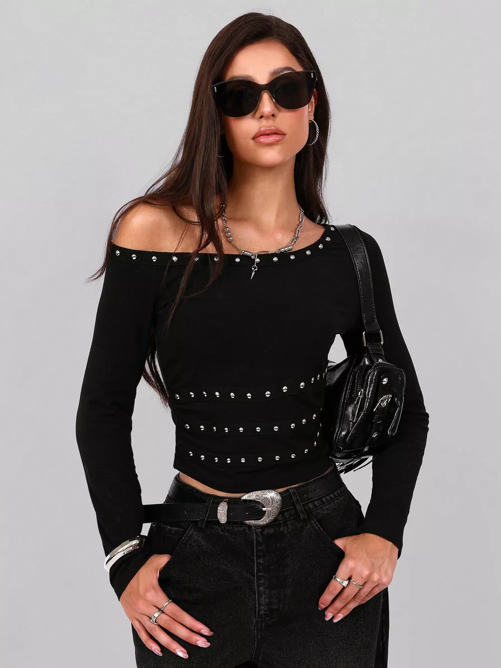 Studded One Shoulder Long Sleeve T-Shirt, image 2