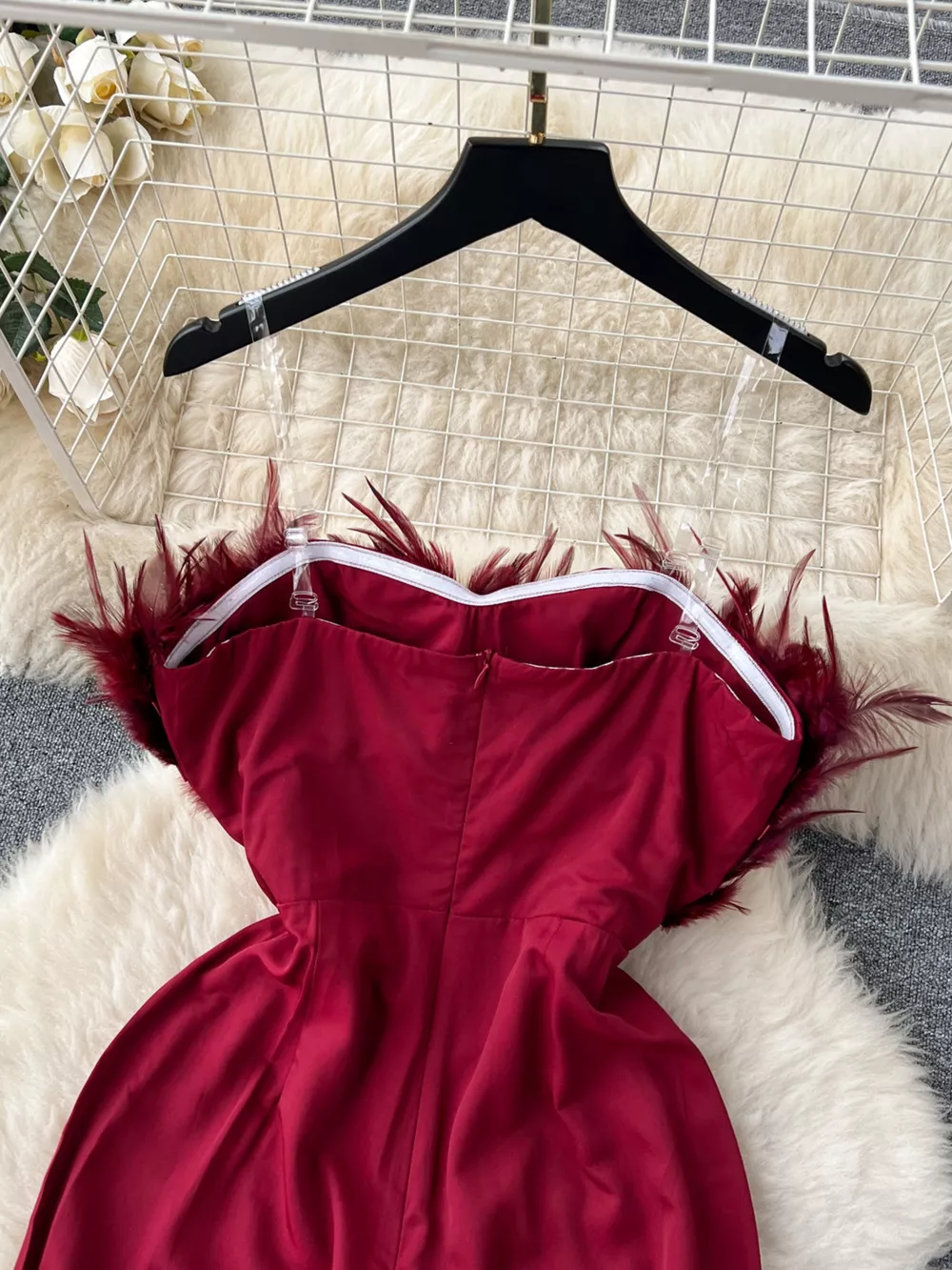 Feather Trim Strapless Wide Leg Jumpsuit, image 10