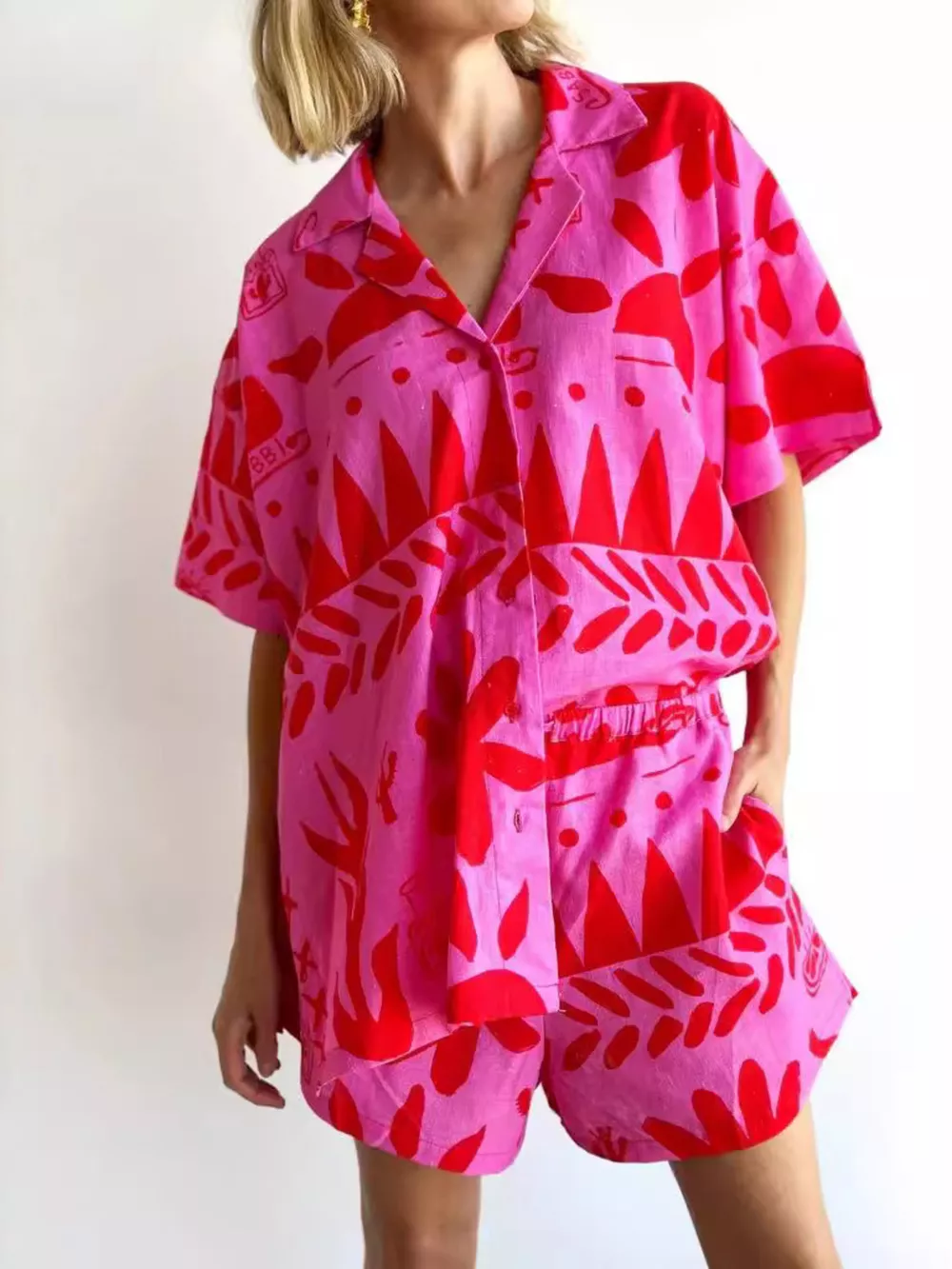 Printed Button Up Shirt and Shorts Set, image 2