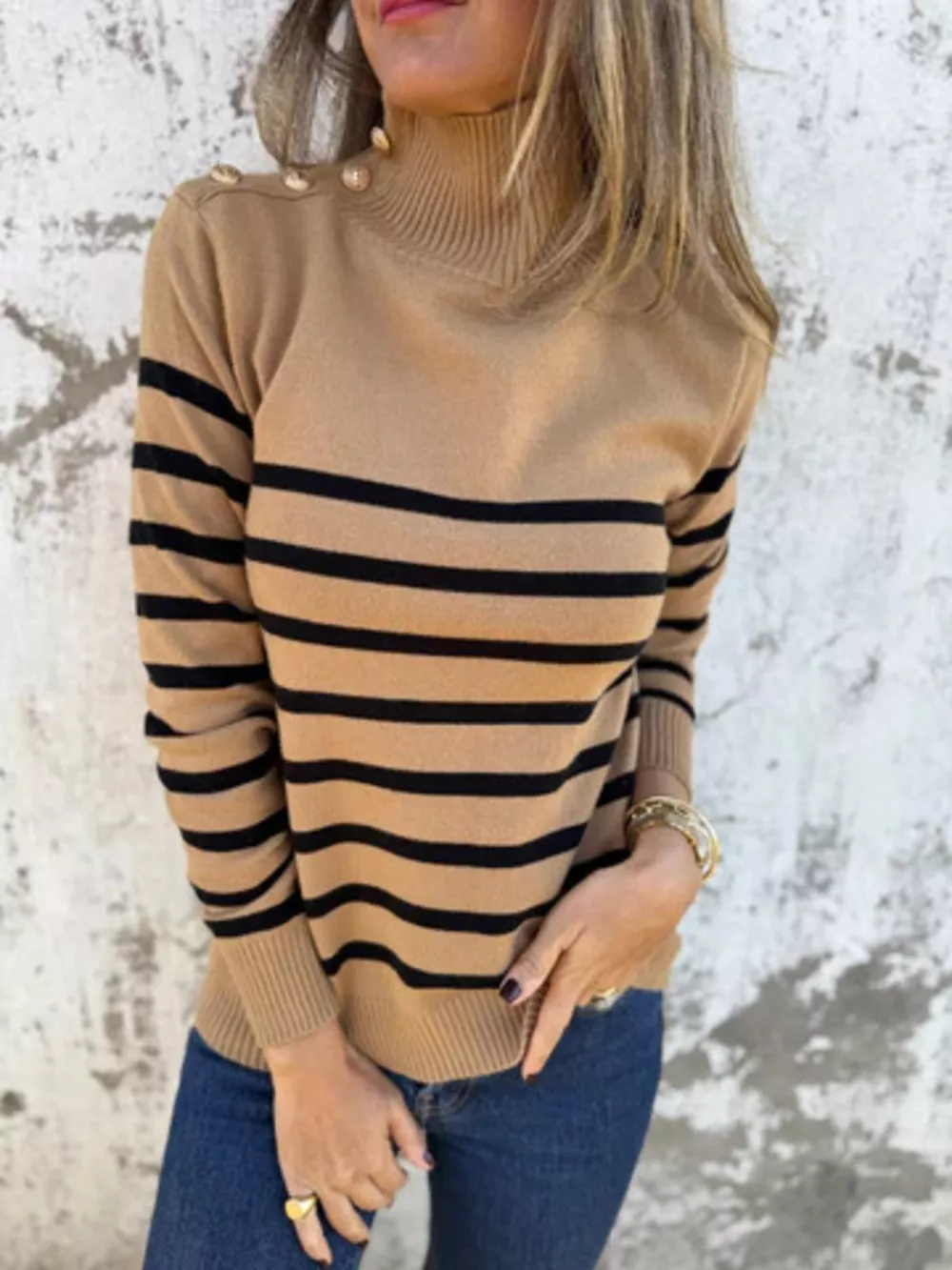 Full Size Striped Turtleneck Long Sleeve Sweater Plus Size, image 5
