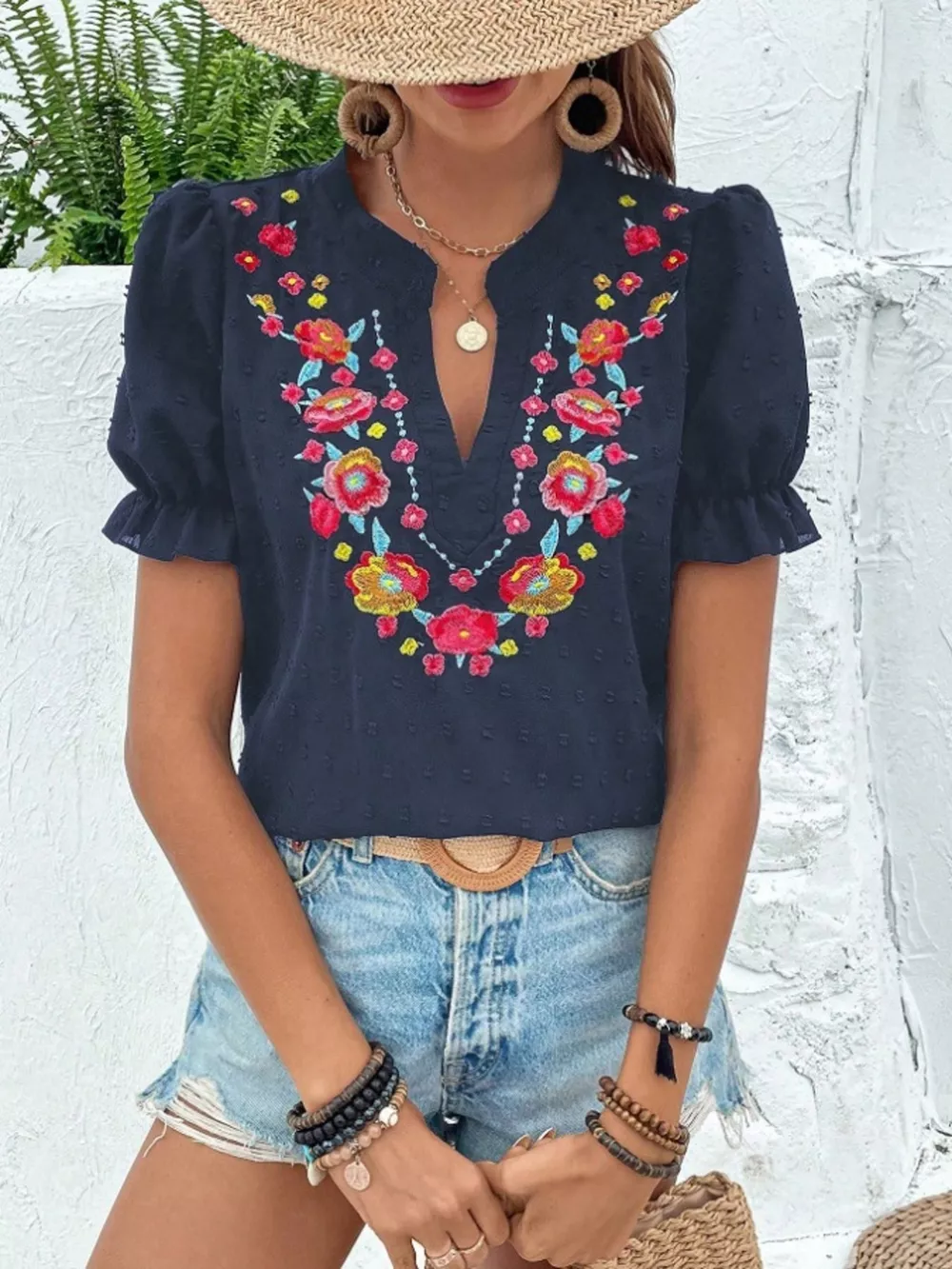 Floral Embroidered Puff Sleeve Blouse, image 2