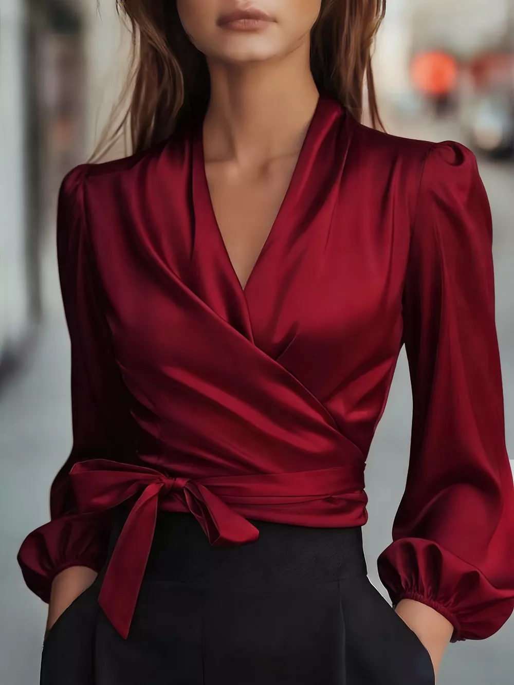 Satin Tied Balloon Sleeve Blouse, image 10