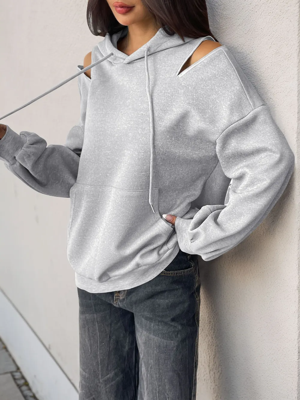 Drawstring Zip Detail Cold Shoulder Hoodie, image 3