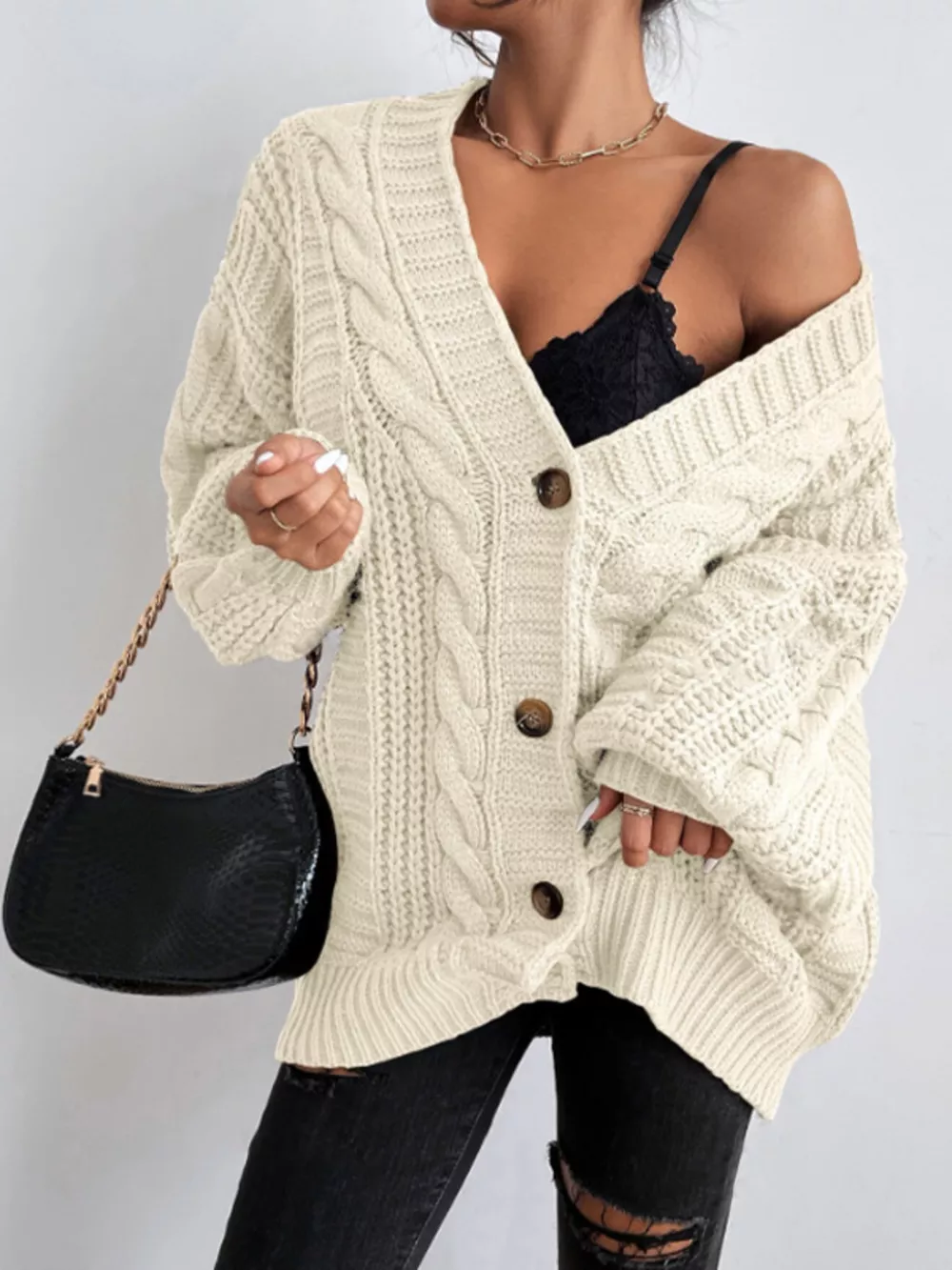 Cable Knit V-Neck Button-Down Cardigan, image 9
