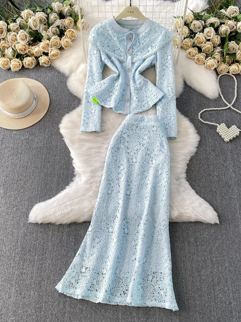 Lace Button Up Top and Skirt Set, image 10