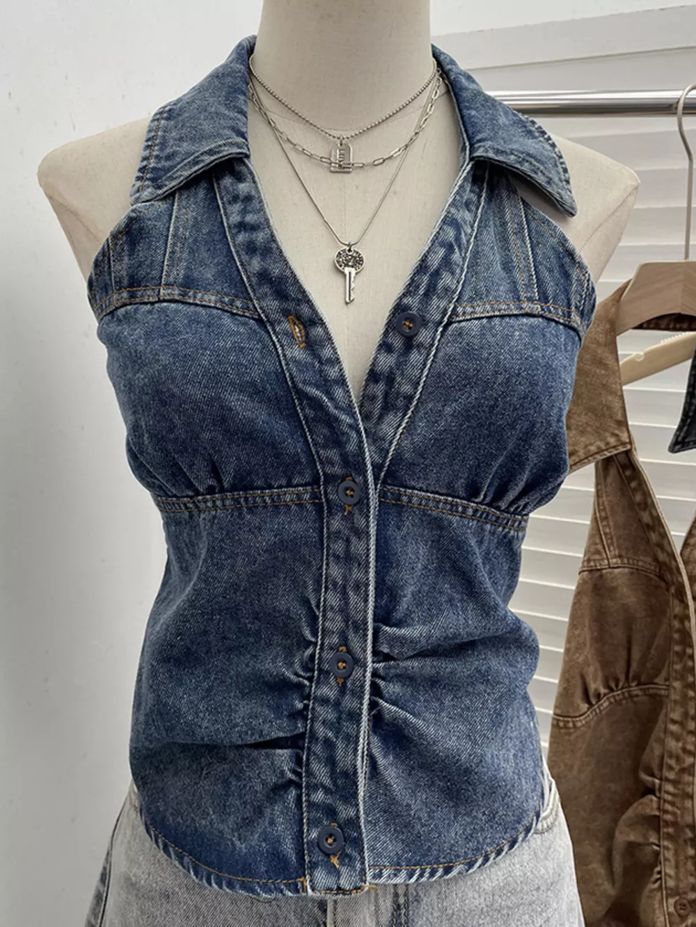 Smocked Denim Halter Collar Top, image 3