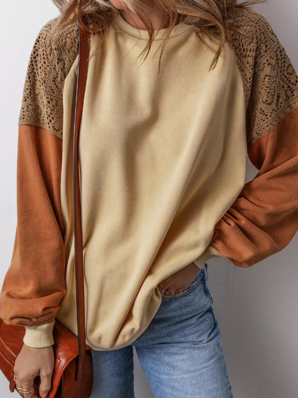 Lace Patchwork Colorblock Drop Shoulder Sweatshirt, image 4