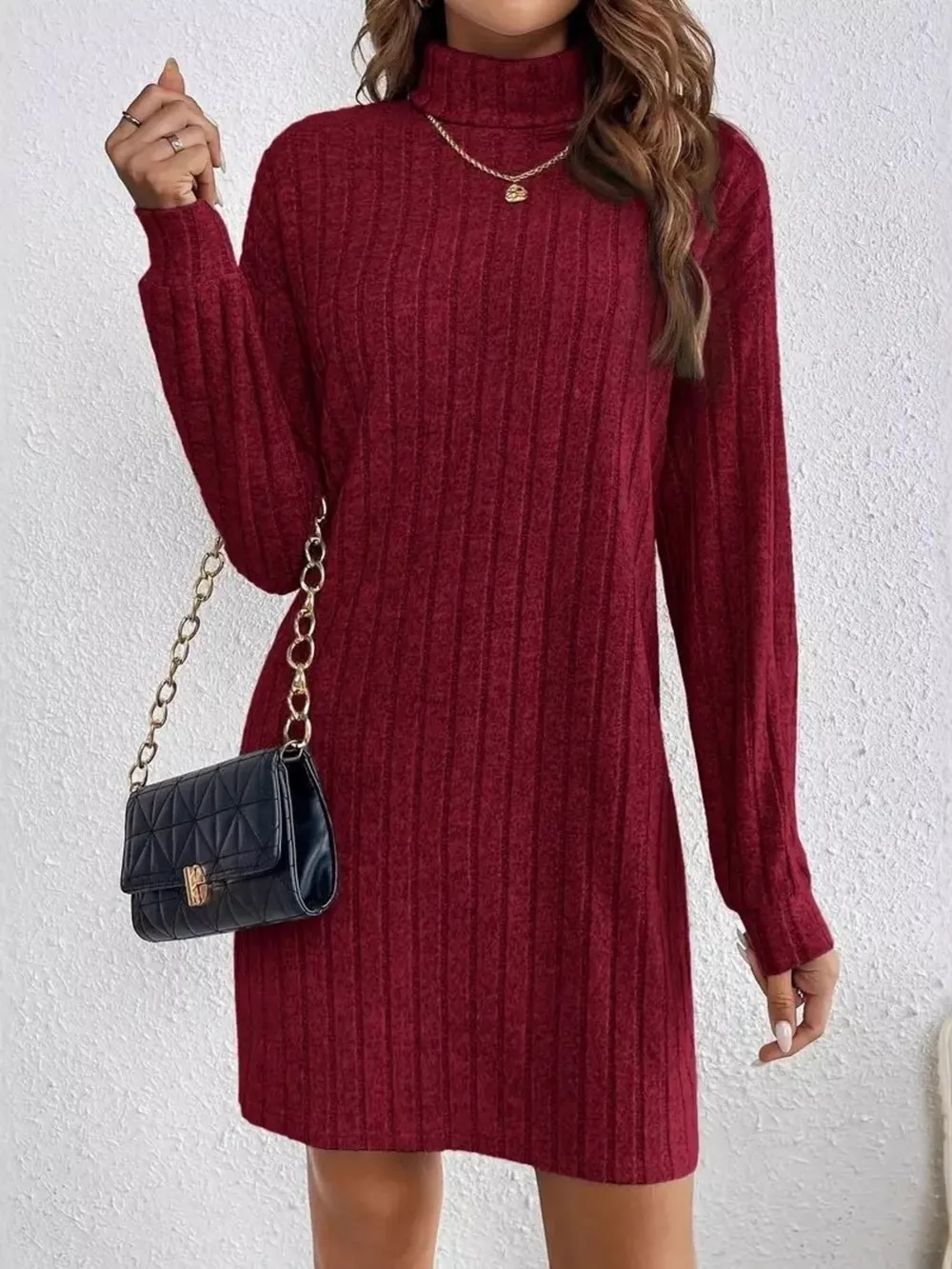 Ribbed Knit Turtleneck Mini Dress, image 5