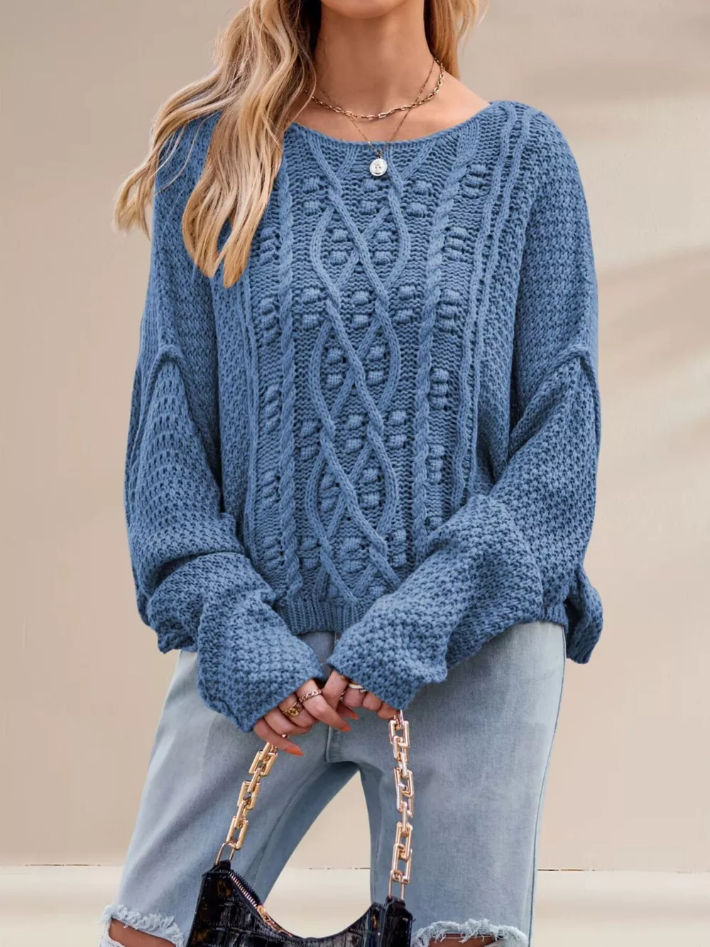 Cable Knit Dropped Shoulder Sweater, image 8
