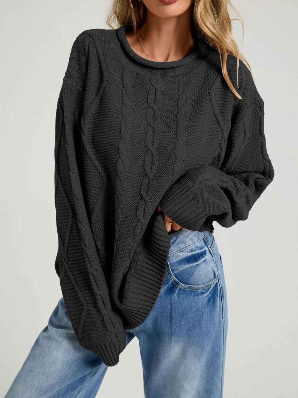 Cable Knit Ribbed Hem Sweater, image 7