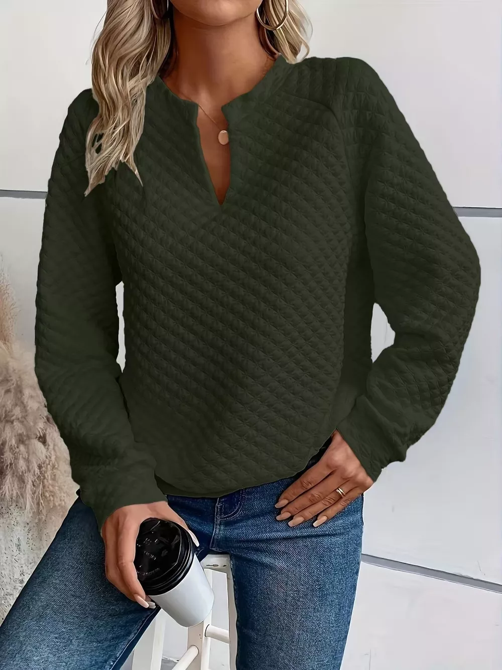 Textured Notched Raglan Sleeve Sweatshirt