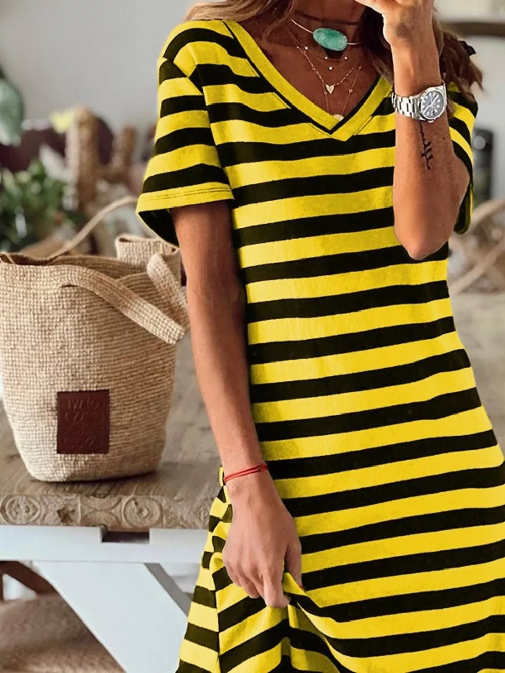 Full Size Striped V-Neck Midi Dress with Side Slit Plus Size, image 6