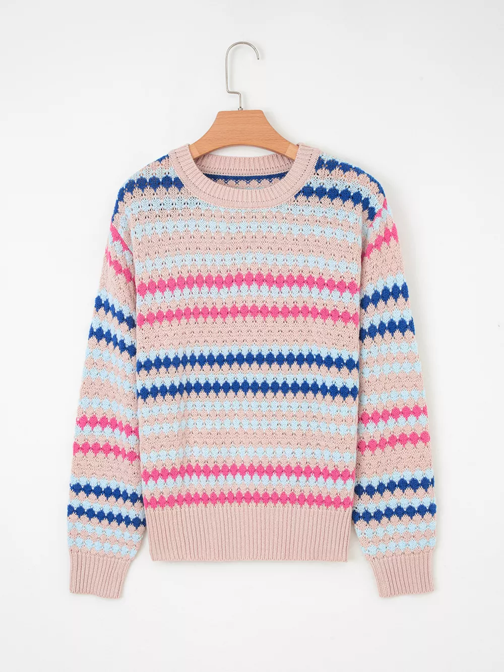 Stripe Eyelet Patterned Drop Shoulder Sweater, image 6