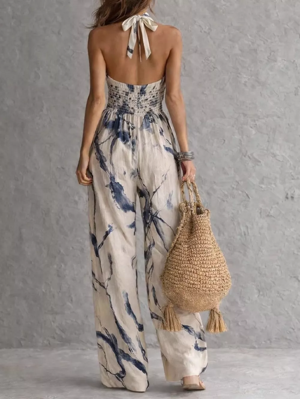 Ink Wash Print Halter Neck Wide-Leg Jumpsuit, image 3