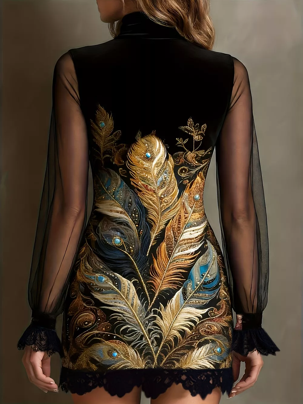 Floral Velvet Mini Dress with Sheer Mesh Sleeves, image 15