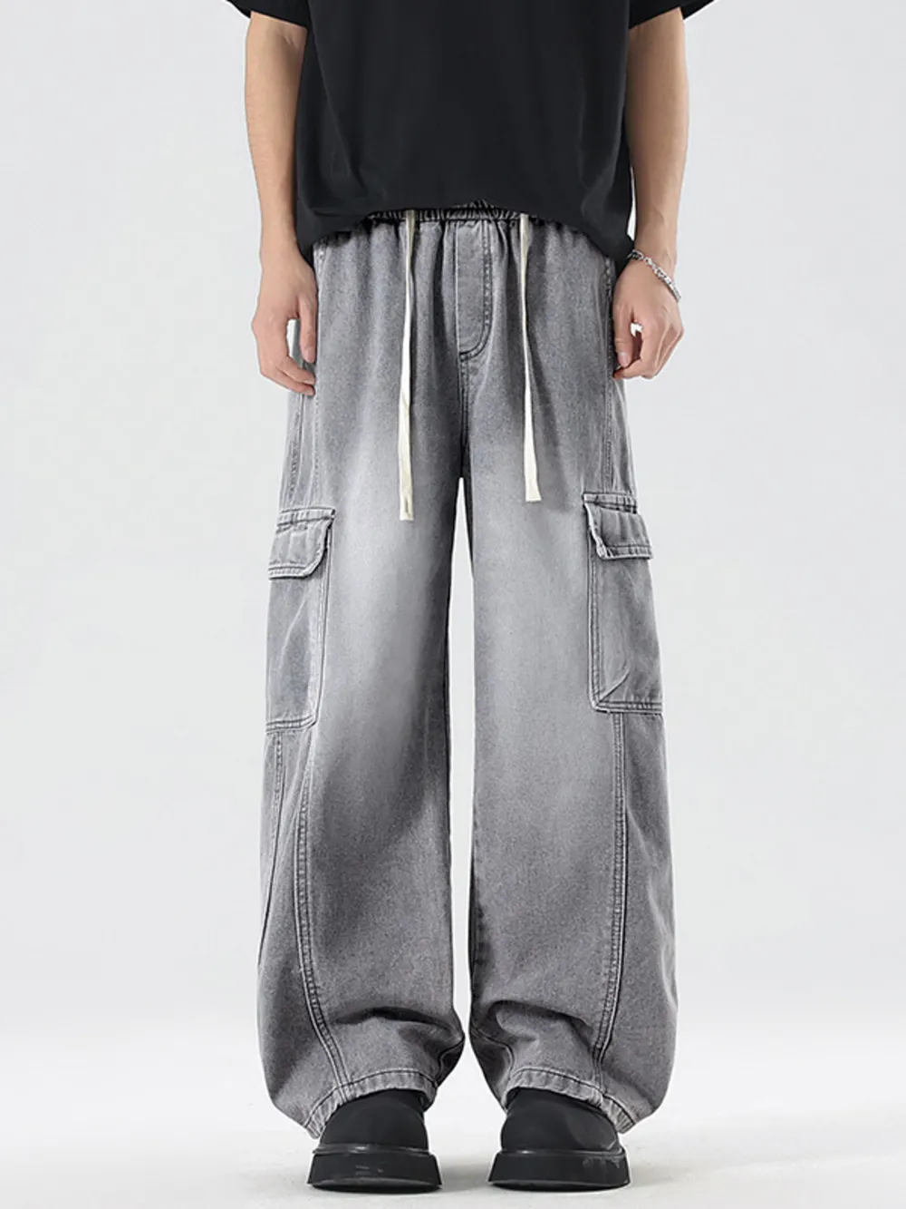 Men's Plus Size Wash Wide Leg Cargo Jeans, image 12