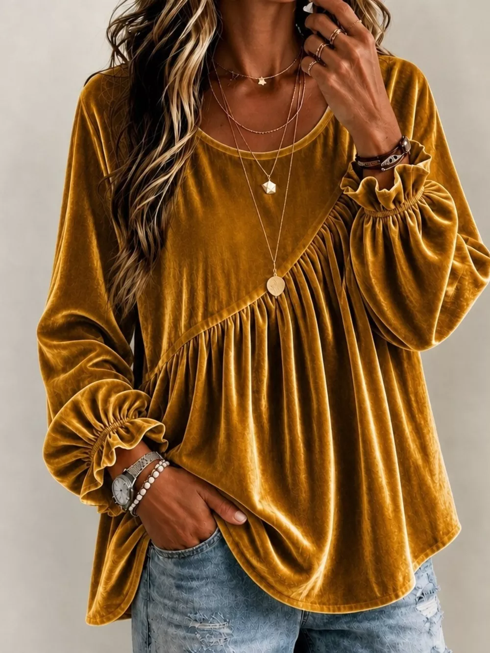 Full Size Velvet Round Neck Long Sleeve Blouse Plus Size, image 8