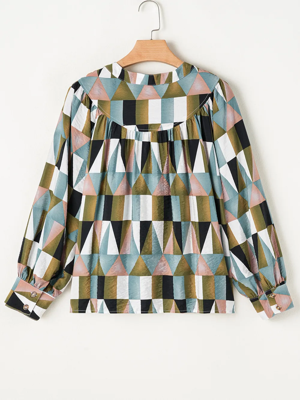 Geometric Print Buttoned Balloon Sleeve Loose Fit Shirt, image 2