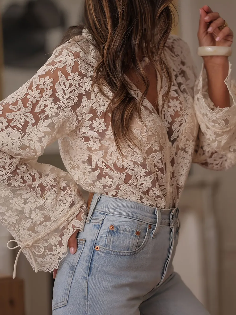 Lace Button Up Long Sleeve Shirt, image 2