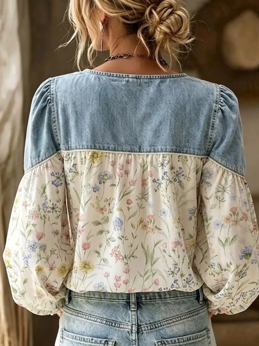 Full Size Denim Patchwork Floral Denim Top Plus Size, image 3