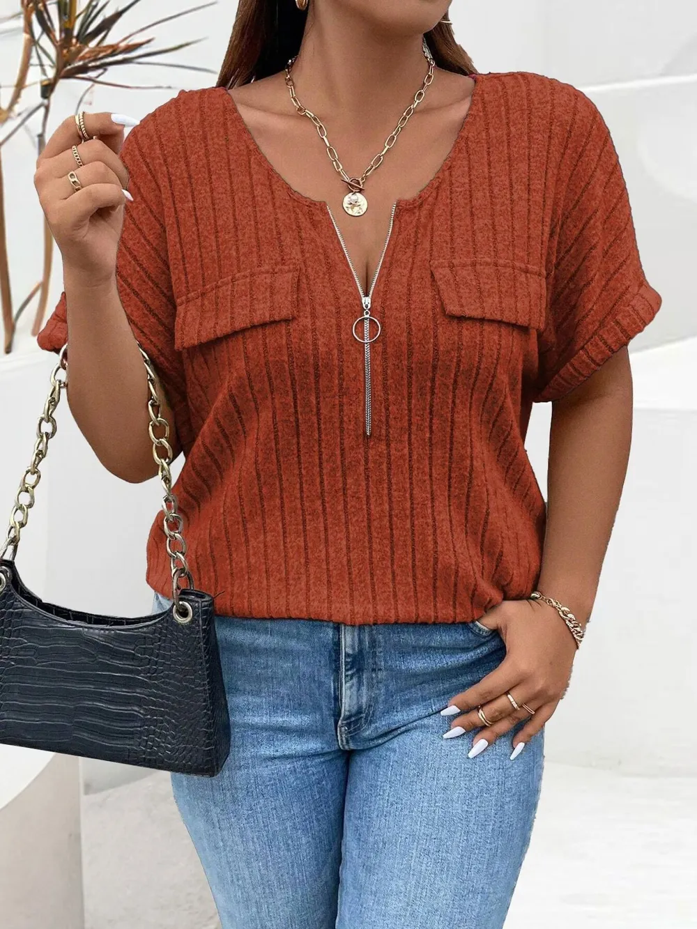 Plus Size Ribbed Half Zip Relaxed Fit T-Shirt, image 5