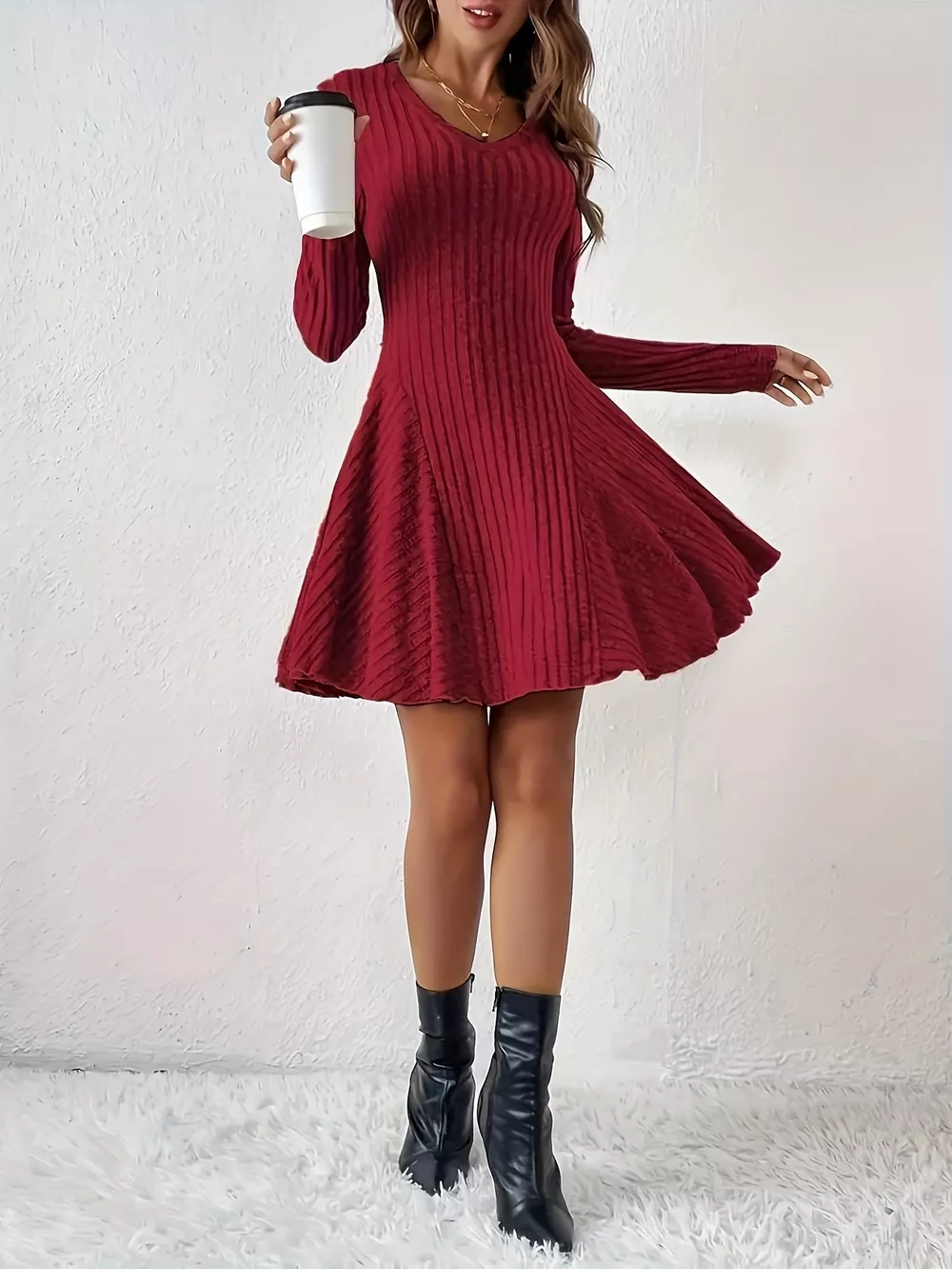 V-Neck Ribbed Knit Flared Knit Dress, image 8