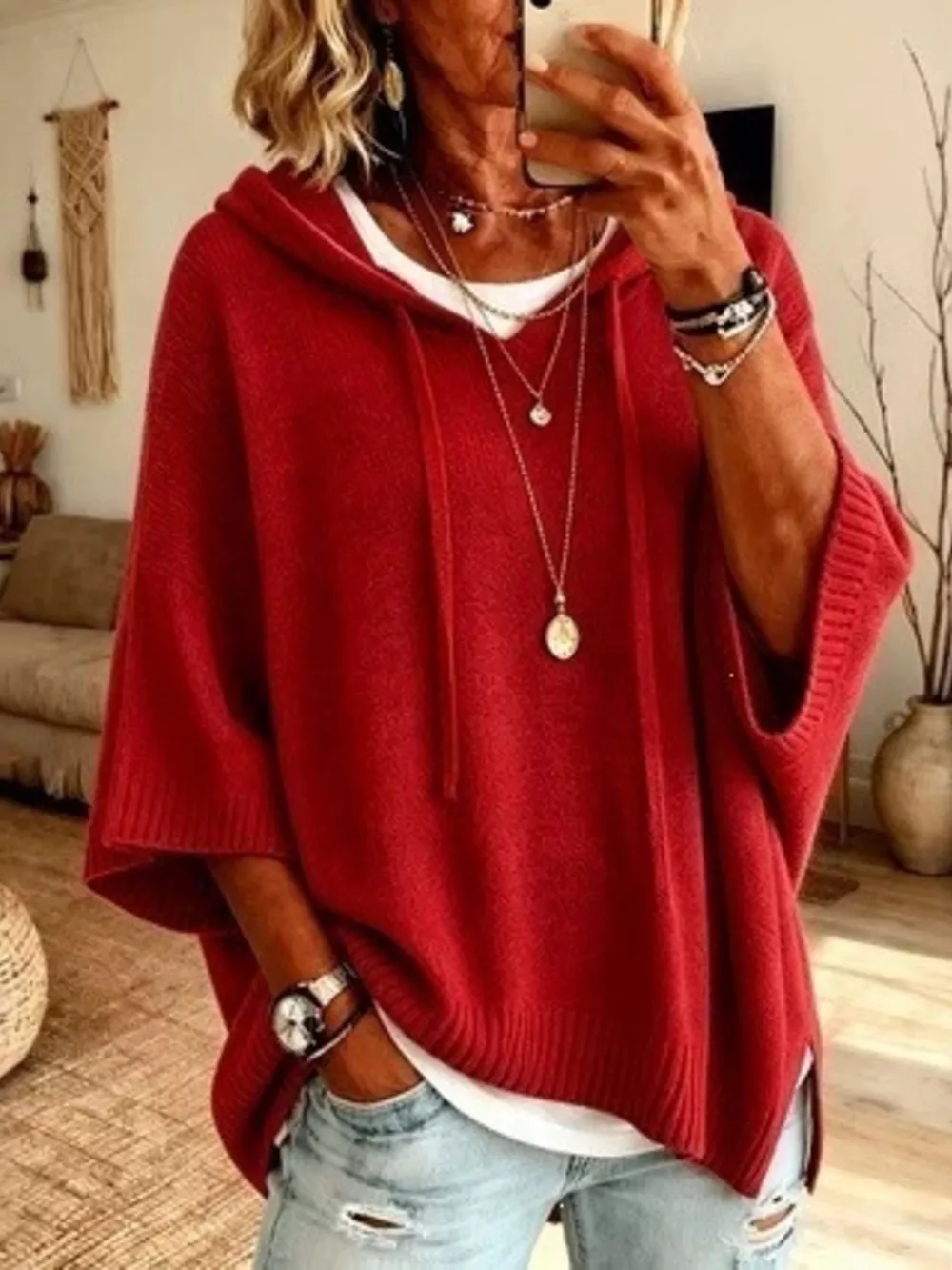 Full Size Casual Hooded Batwing Sleeve Knit Sweater Plus Size, image 17