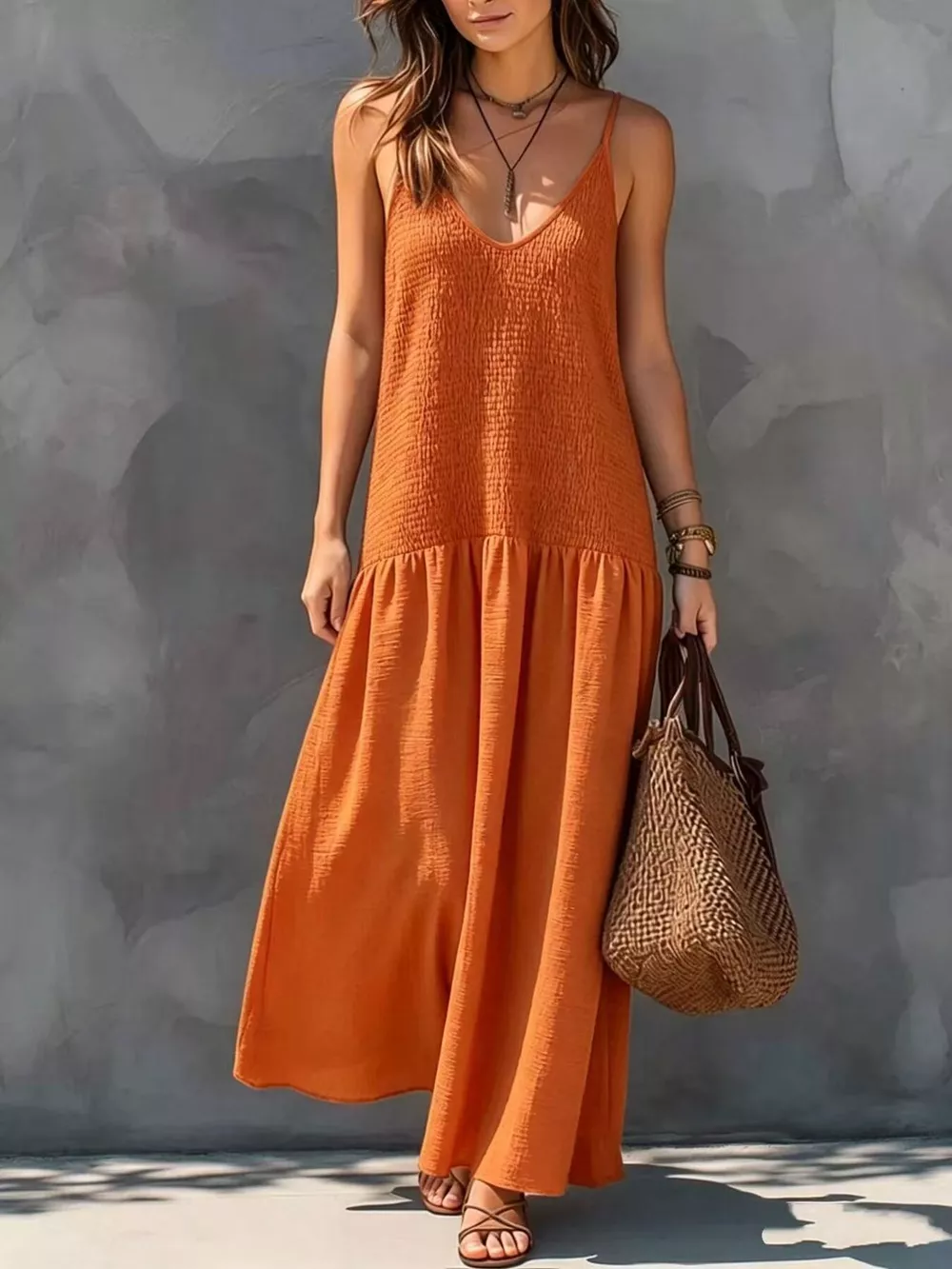 Sleeveless Smocked V-Neck Casual Maxi Dress, image 9