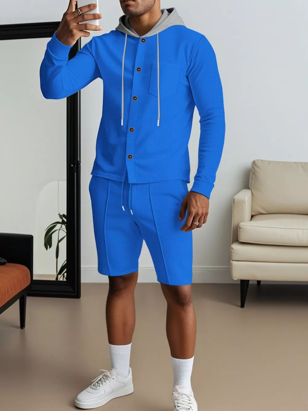 Men's Full Size Casual Hooded Button-Up Top and Shorts Set Plus Size, image 12