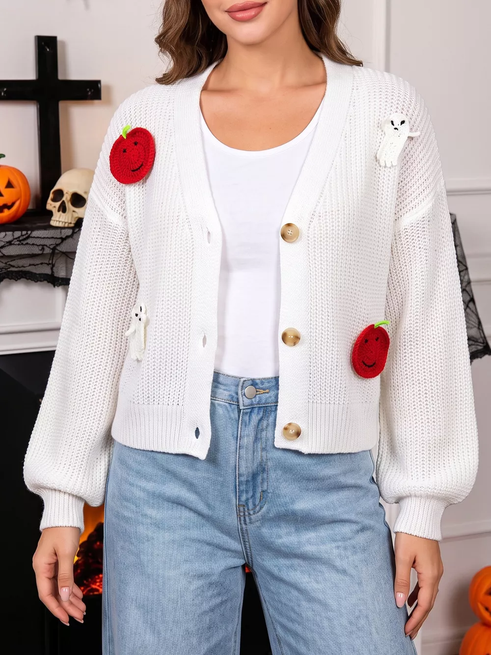 Halloween Pumpkin and Ghost Applique Knit Cardigan, image 6