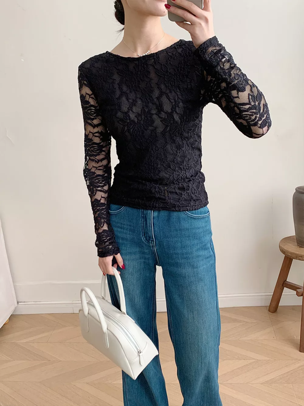 Lace Round Neck Long Sleeve Top, image 25