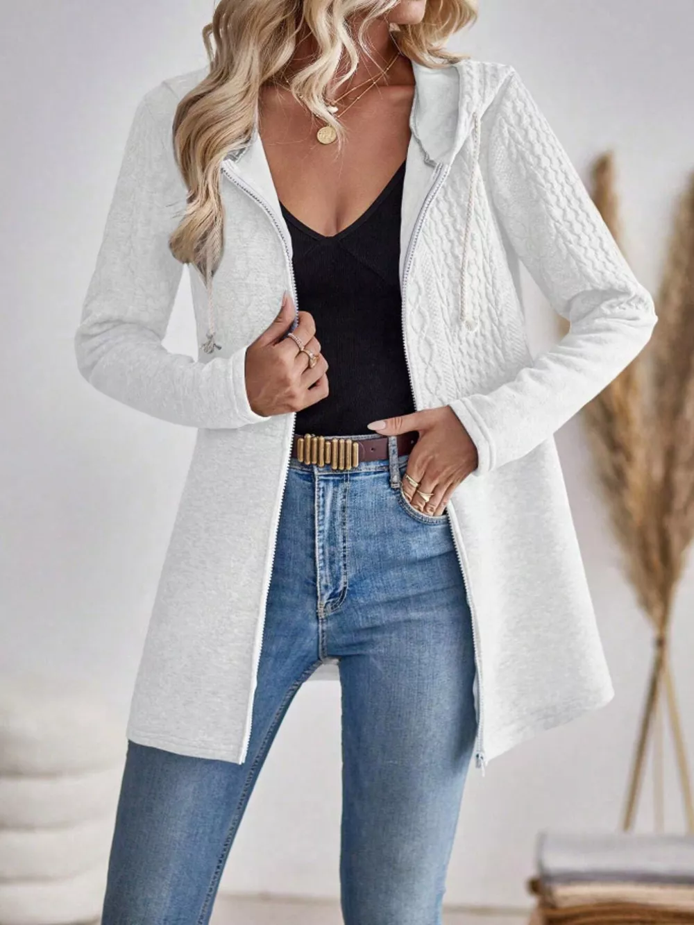 Drawstring Textured Zip Up Drawstring Hooded Jacket, image 2