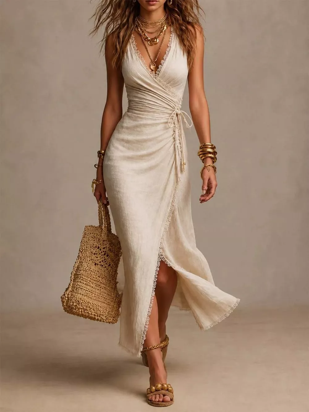 Lace-Trimmed Slit Wrap Midi Dress