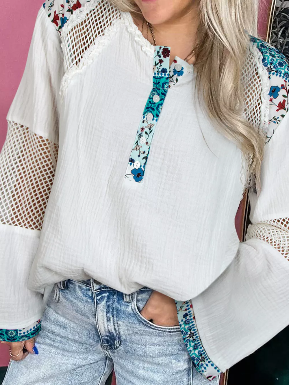 Mesh Patched Color Block Half Button Blouse