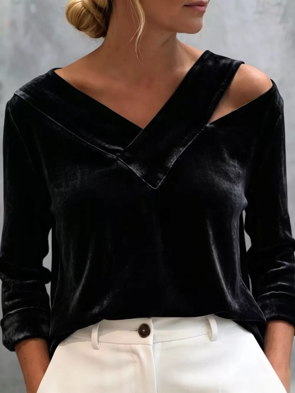 Full Size Velvet Cold-Shoulder V-Neck Blouse Plus Size, image 7