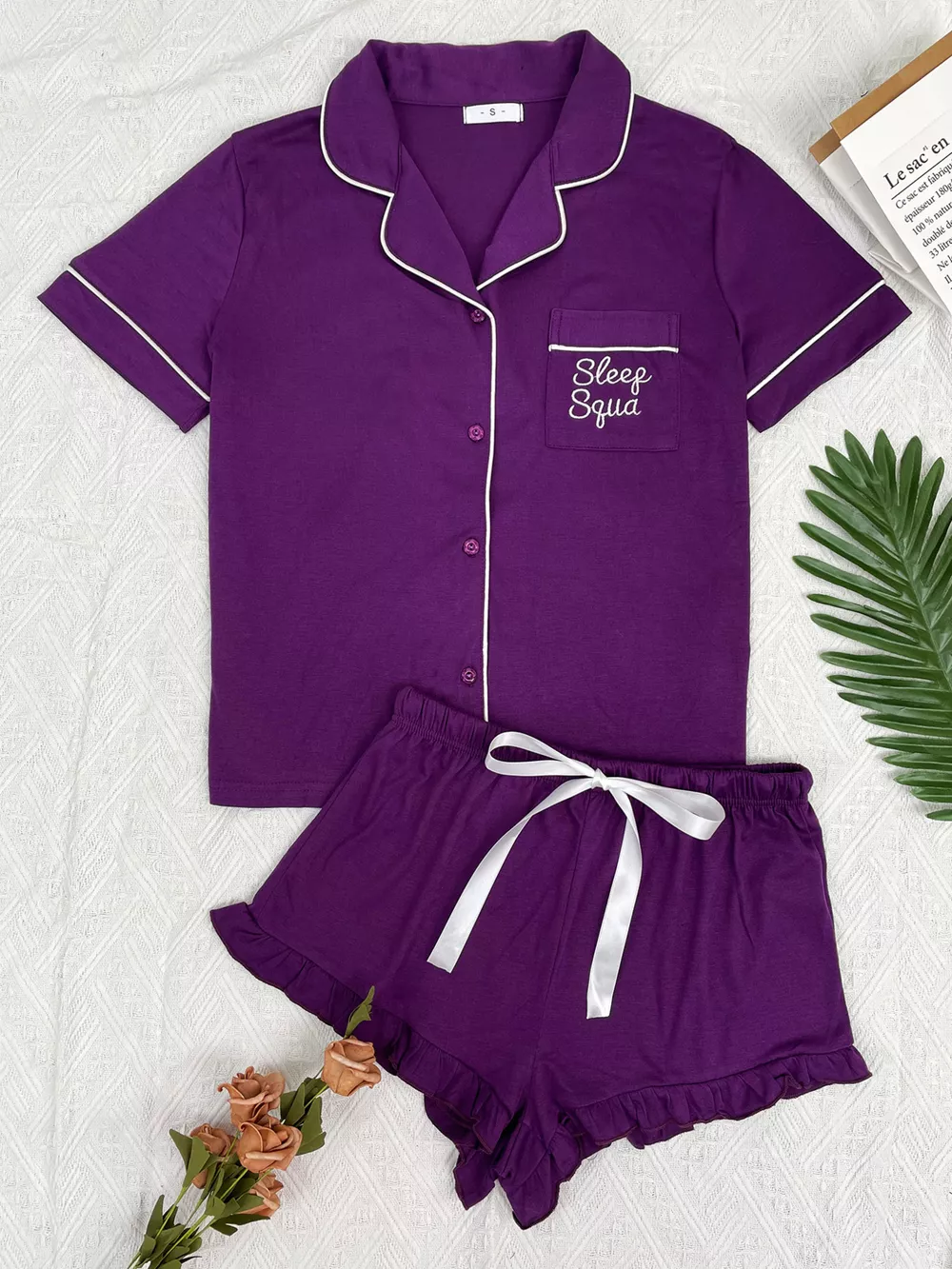 Contrast Piping Button-Down Shirt and Ruffle Shorts Lounge Set, image 9