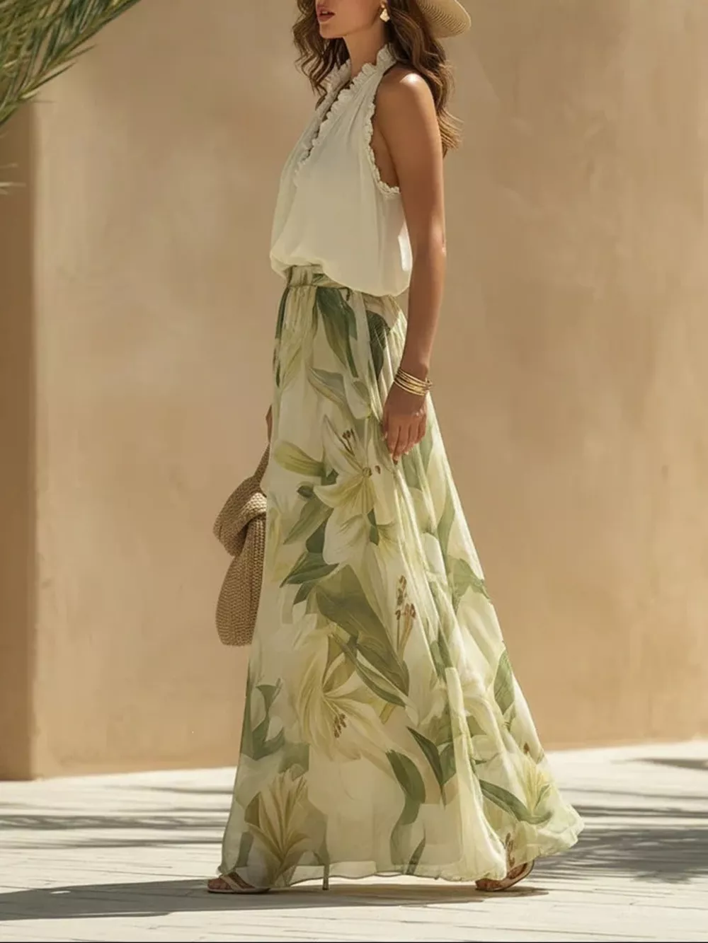 Frill Sleeveless Top and Wide-Leg Pants Two-Piece Set, image 2