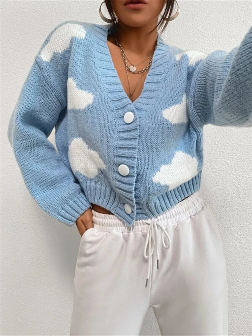 Contrast Cloud Pattern Cropped Button-Up Cardigan, image 7