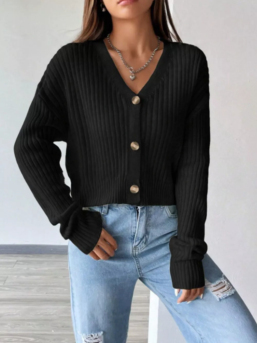 V-Neck Button-Up Cardigan, image 5