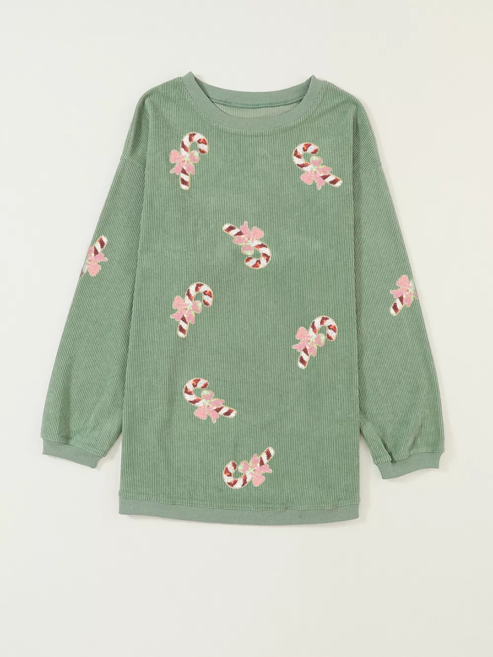 Christmas Sequin Candy Cane Patched Corded Ribbed Baggy Sweatshirt, image 2