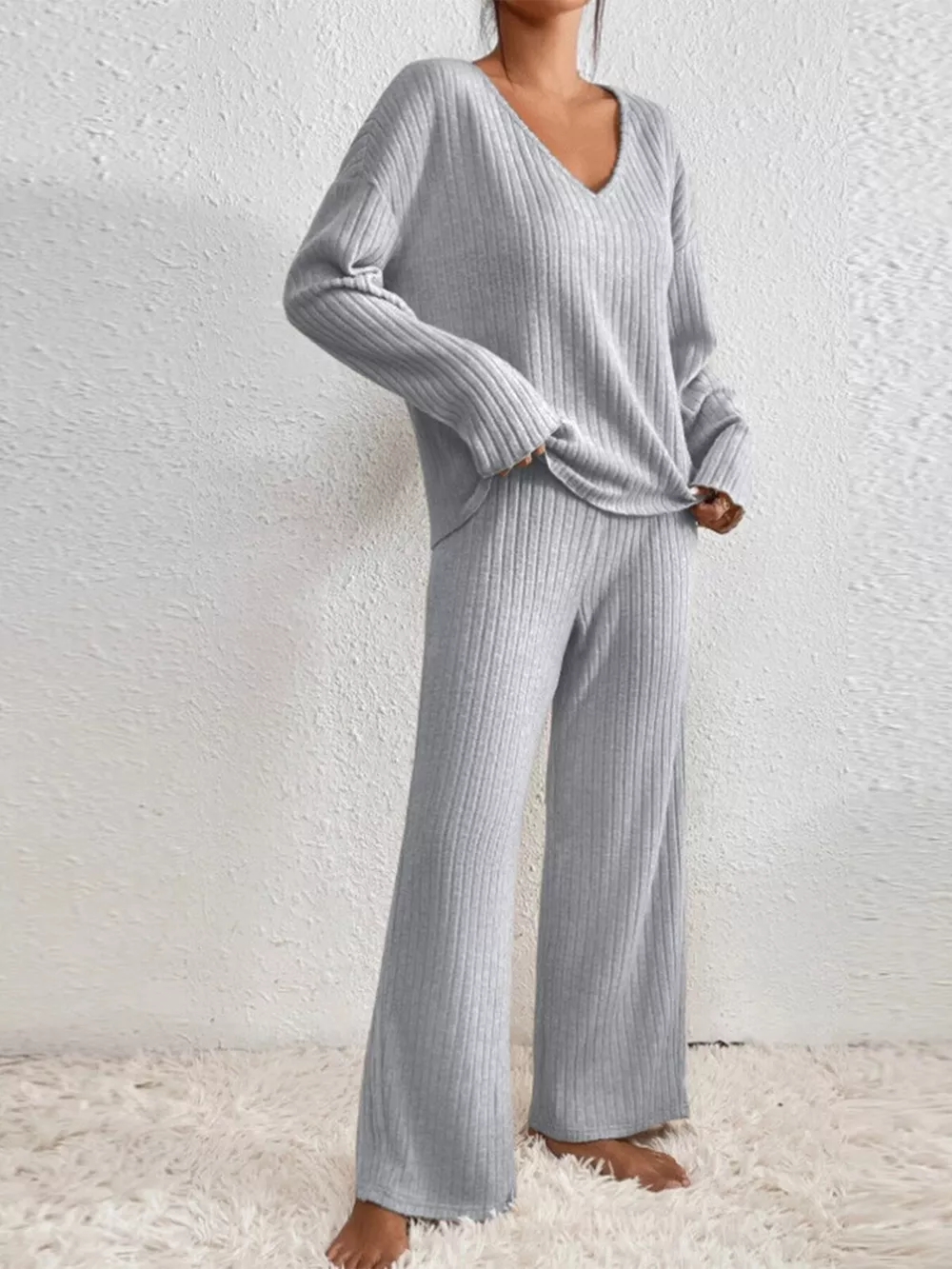 Ribbed V-Neck Top and Pants Set, image 12