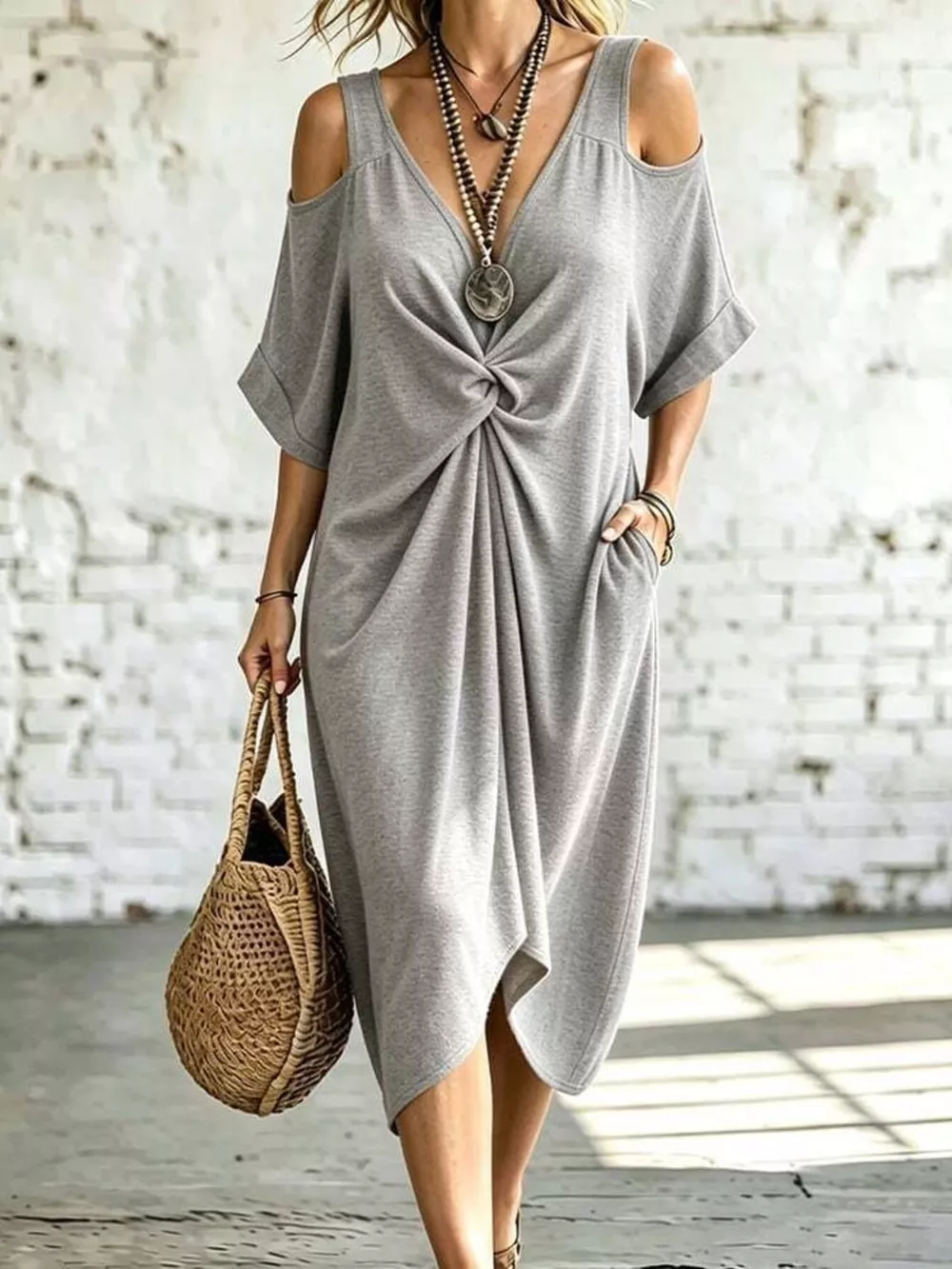 Full Size Cold Shoulder Twist Front Midi Dress Plus Size, image 4