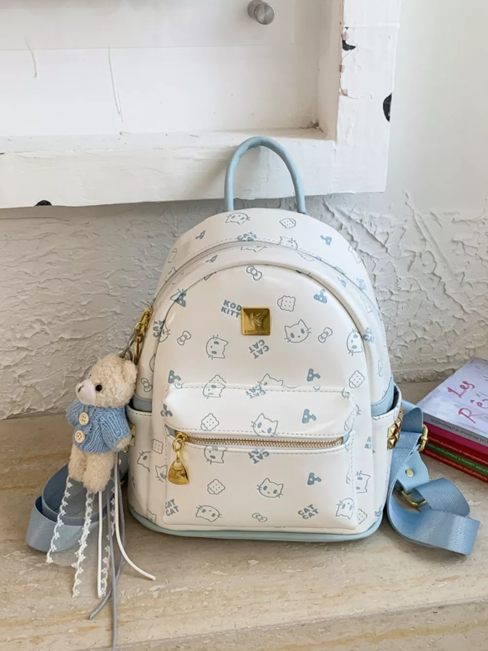 Cartoon Pattern Backpack Bag with Bear Pendant, image 3