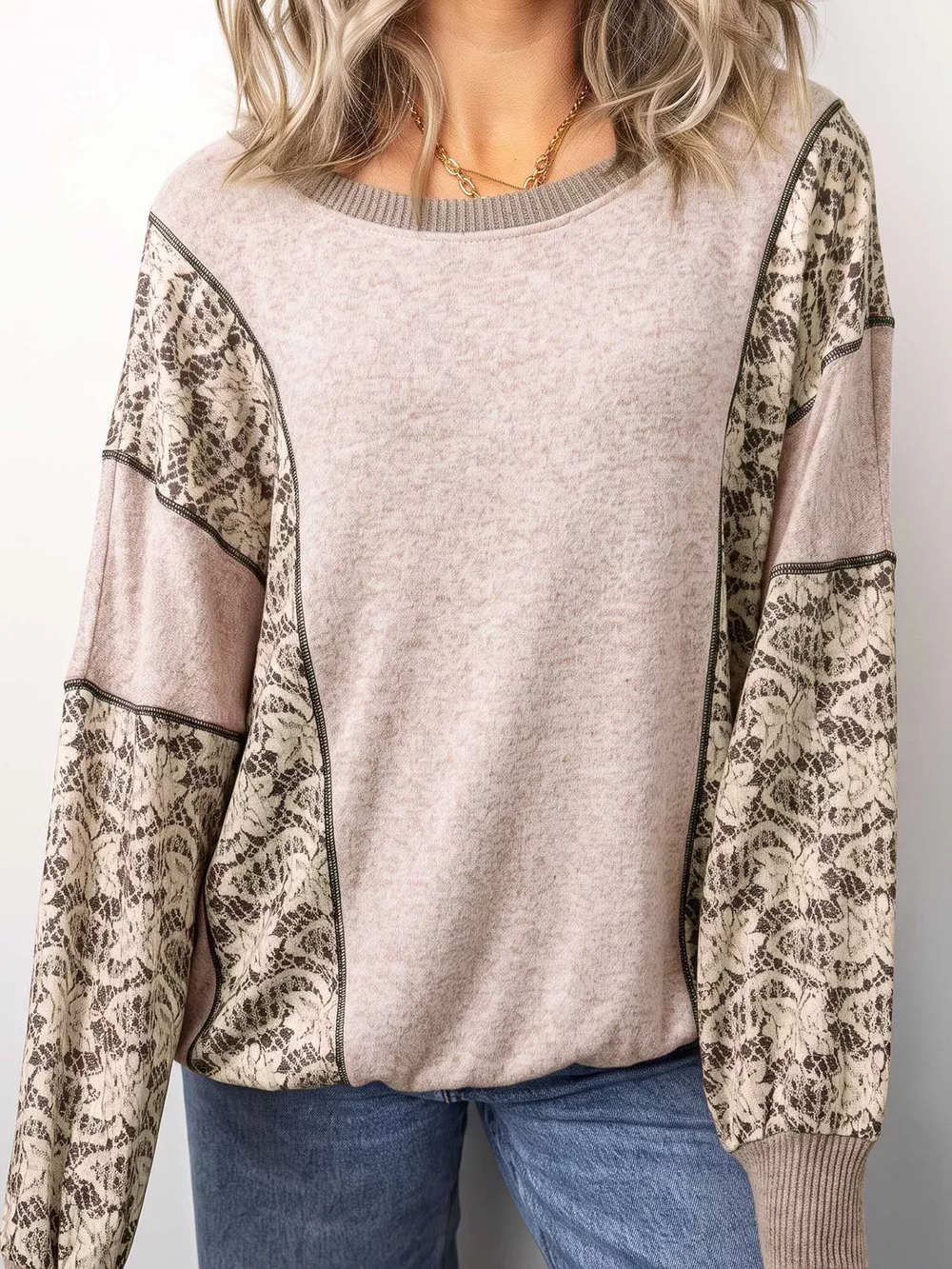 Floral Print Round Neck Long Sleeve Shift Top, image 2