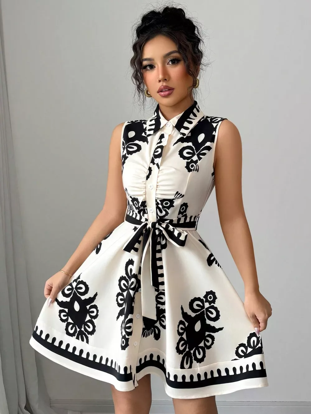 Sleeveless Ruched Printed Tie Waist Dress, image 10