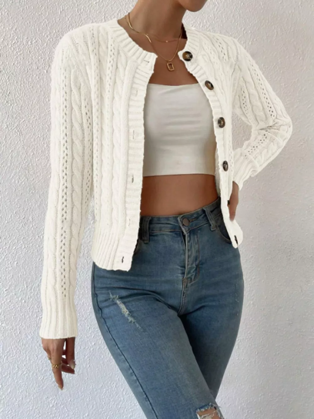 Cable Knit Button-Up Cardigan, image 2