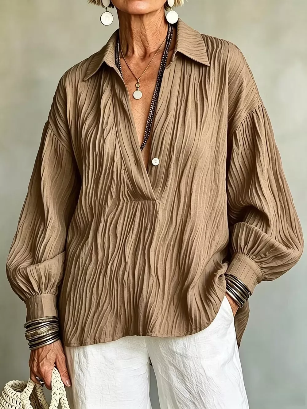 Full Size Texture Long Sleeve Blouse Plus Size