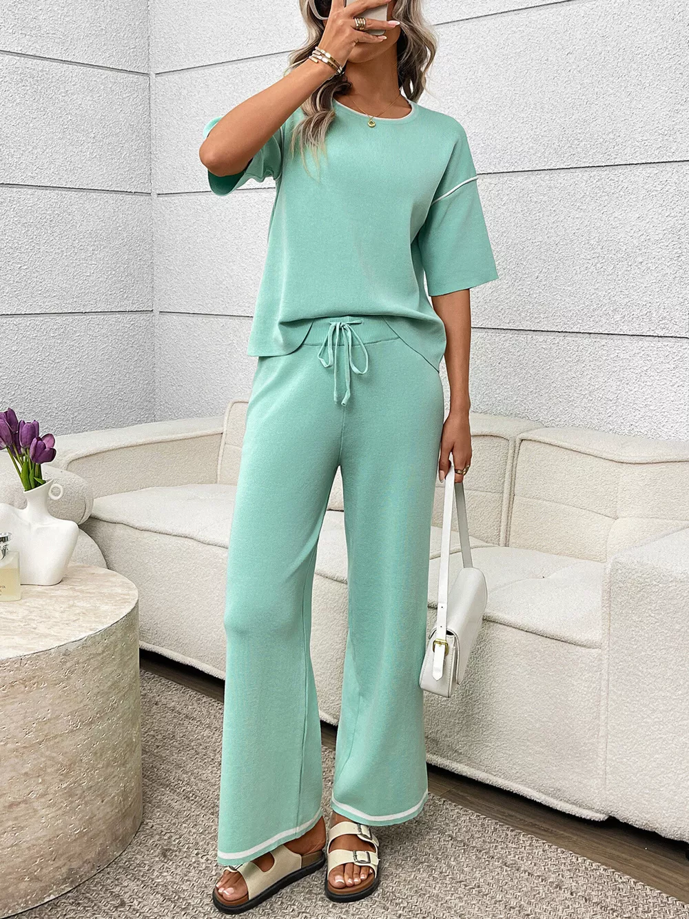 Round Neck Half Sleeve Top and Pants Set, image 6