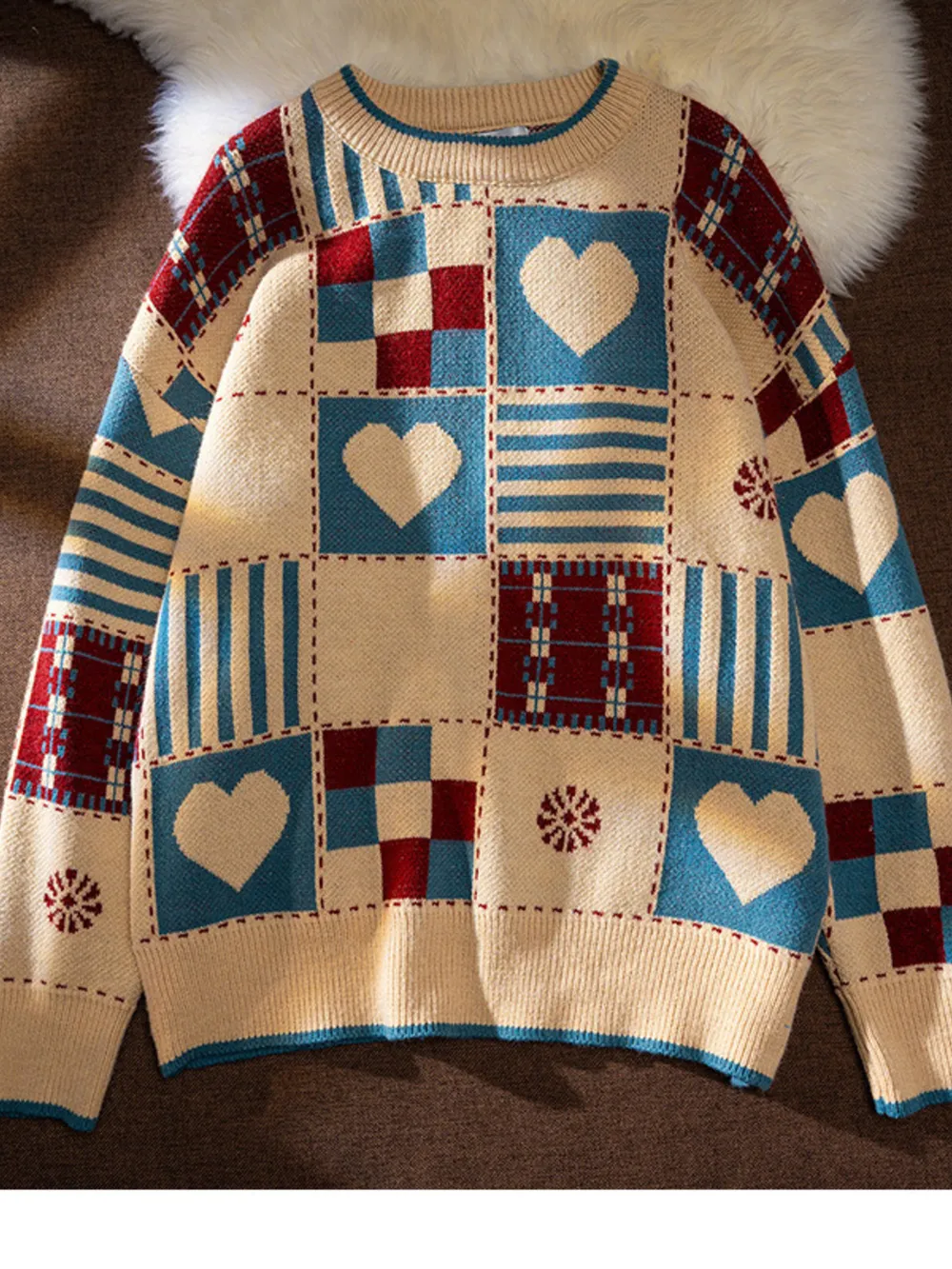 Men's Heart Pattern Checkered Sweater
