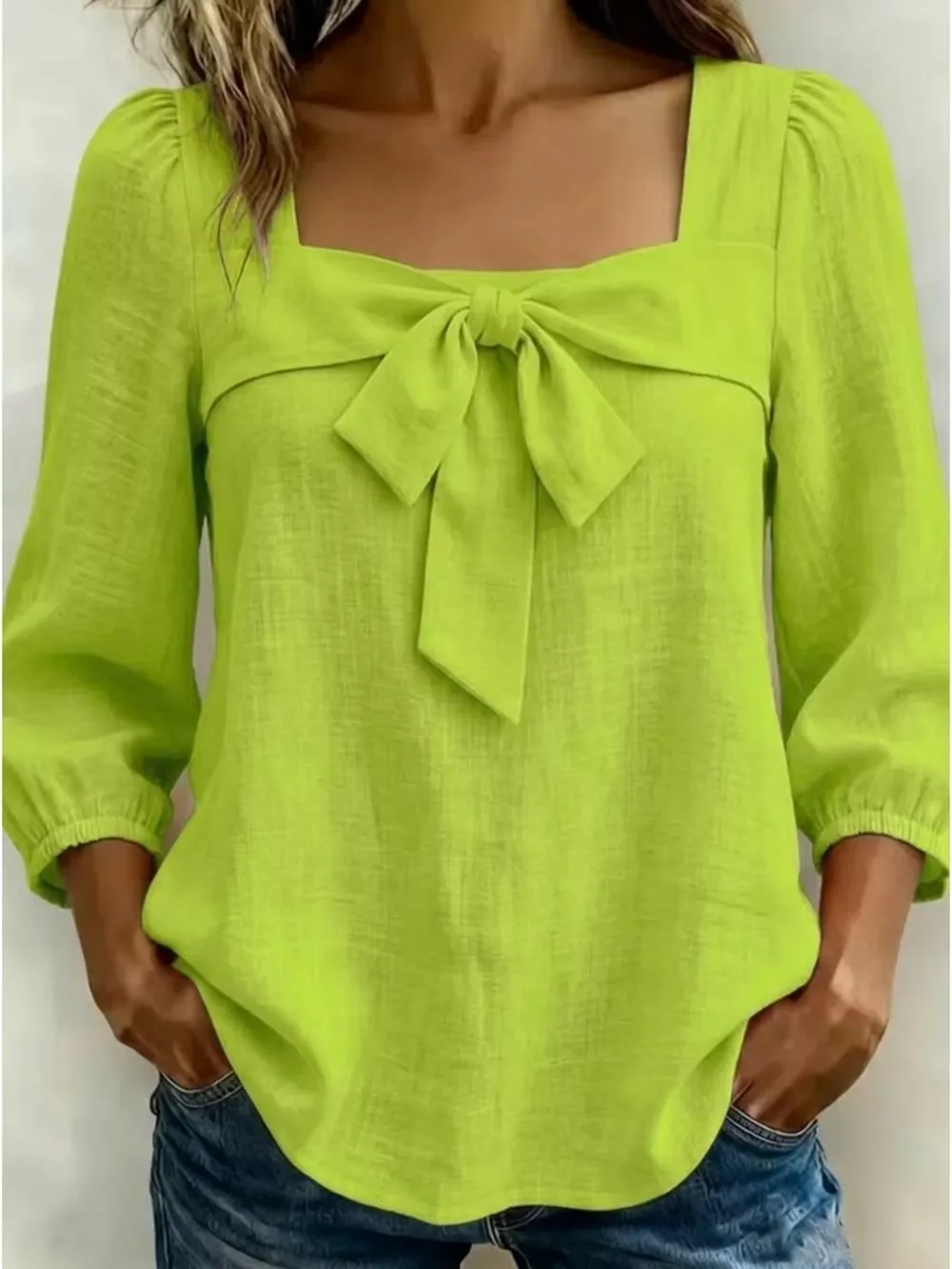 Full Size Bow Front Square Neck Blouse Plus Size, image 6